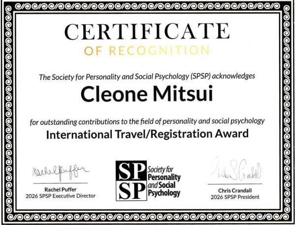 認知行動科学分野学生がInternational Travel/Registration Awardを受賞