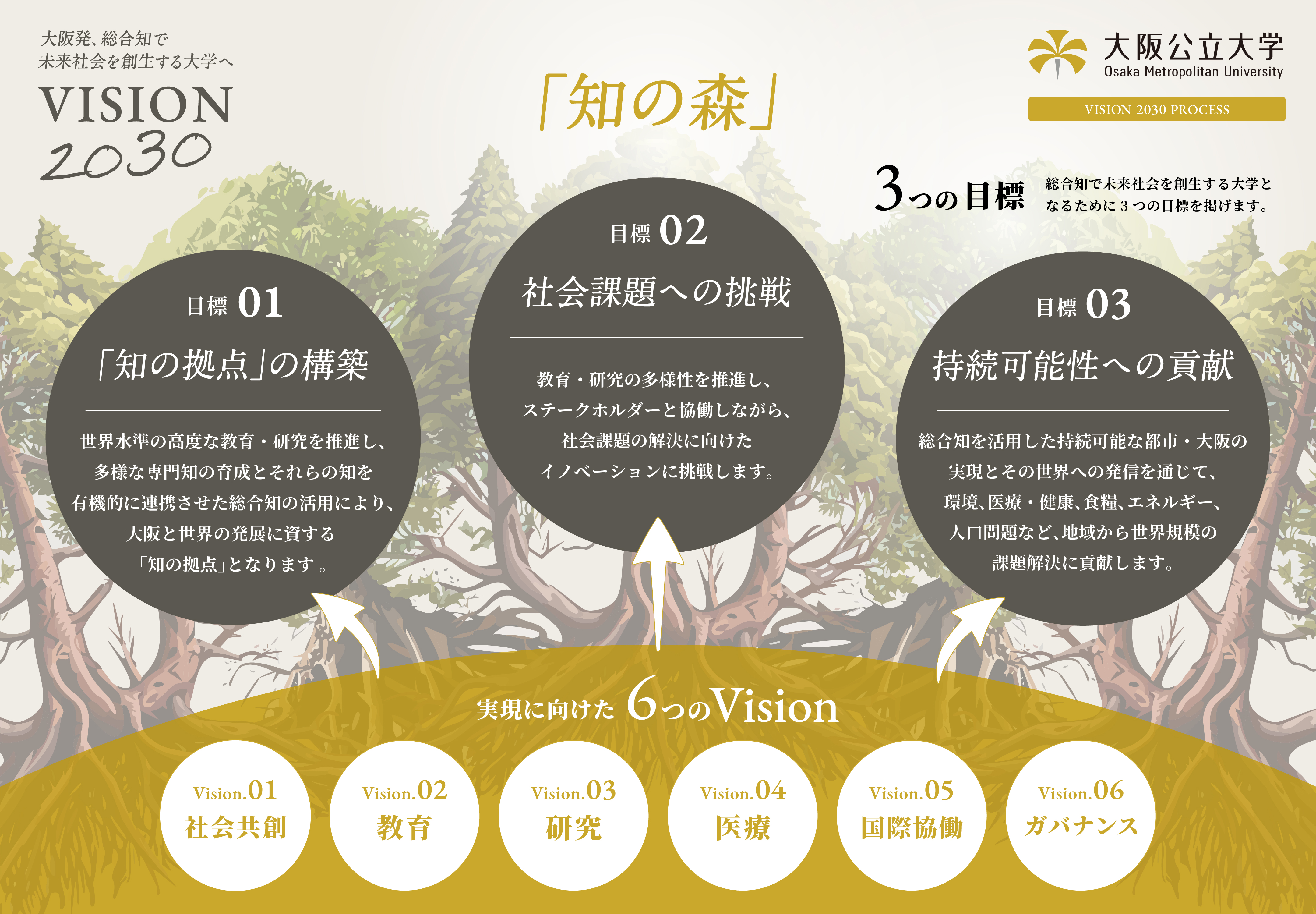 大阪発、総合知で未来社会を創生する大学へ VISION 2030 「知の森」 大阪公立大学 Osaka Metropolitan University VISION 2030 PROCESS 実現に向けた6つのVision Vision01 社会共創 Vision02 教育 Vision03 研究 Vision04 医療 Vision05 国際協働 Vision06 ガバナンス 3つの目標 総合知で未来社会を創生する大学となるために3つの目標を掲げます。 目標01 「知の拠点」の構築：世界水準の高度な教育・研究を推進し、多様な専門知の育成とそれらの知を有機的に連携させた総合知の活用により、大阪と世界の発展に資する「知の拠点」となります。 目標02 社会課題への挑戦：教育・研究の多様性を推進し、ステークホルダーと協働しながら、社会課題の解決に向けたイノベーションに挑戦します。 目標03 持続可能性への貢献：総合知を活用した持続可能な都市・大阪の実現とその世界への発信を通じて、環境、医療・健康、食糧、エネルギー、人口問題など、地域から世界規模の課題解決に貢献します。